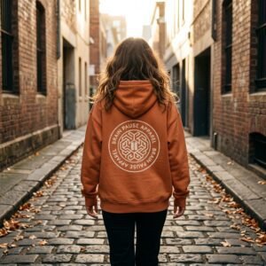 Copper Dust super heavyweight oversized hoodie, sensory-friendly cotton, back, female